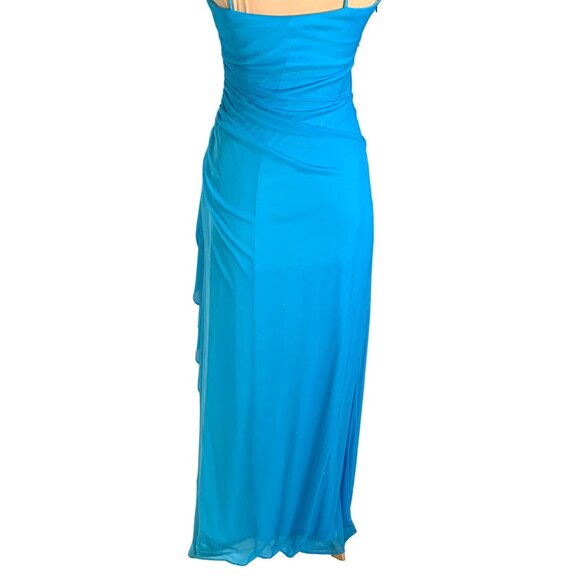 Ruched Chiffon Blue Glam Slip Gown Rhinestone Accent Side Ruffle Design 5 Prom - Picture 6 of 10
